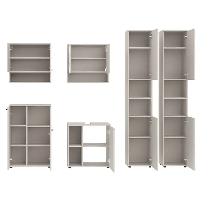 Respekta Badmöbel-Set Lina - Gesamtbreite Badmöbel: 235 cm, Kaschmir, Matt, Ohne Beleuchtung - Set aus hellgrauen Schränken mit offenen Türen und verstellbaren Regalböden, inklusive Wand- und Bodeneinheiten.