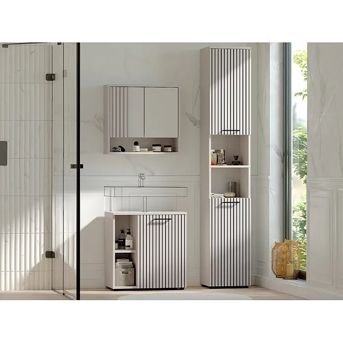 Respekta Badmöbel-Set Lina - Gesamtbreite Badmöbel: 110 cm, Kaschmir, Matt, Ohne Beleuchtung - Hellbeiges Badezimmermöbel-Set mit schwarzen Lamellentüren, bestehend aus Wandschrank, Waschtisch und Hochschrank.