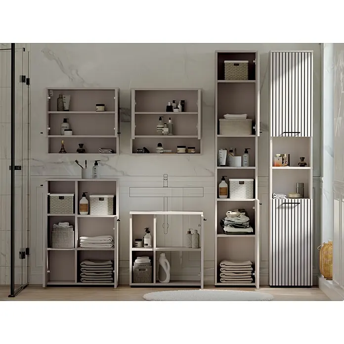 Respekta Badmöbel-Set Lina - Gesamtbreite Badmöbel: 235 cm, Kaschmir, Matt, Ohne Beleuchtung - Mehrere hellfarbene Badezimmerschränke, teils mit Lamellentüren, für Toilettenartikel und Handtücher.