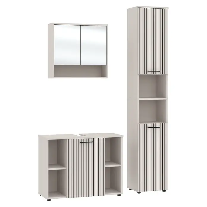 Respekta Badmöbel-Set Lina - Gesamtbreite Badmöbel: 130 cm, Kaschmir, Matt, Ohne Beleuchtung - Drei hellbeige Badmöbel: ein Spiegelschrank, ein Waschtischunterschrank und ein hoher Schrank, alle mit vertikalen Linienakzenten.