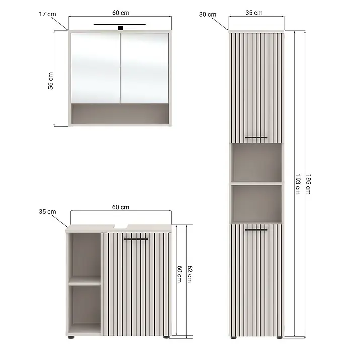 Respekta Badmöbel-Set Lina - Gesamtbreite Badmöbel: 110 cm, Kaschmir, Matt, Ohne Beleuchtung - Drei hellbeige Badschränke mit dunklen Griffen und vertikaler Lamellendetailierung, verschiedene Maße.