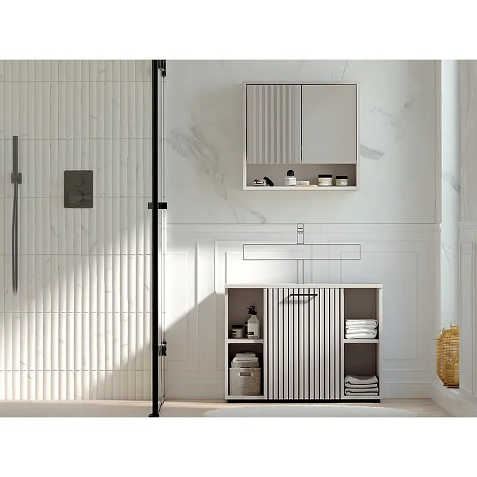 Respekta Badmöbel-Set Lina - Gesamtbreite Badmöbel: 80 cm, Kaschmir, Matt, Ohne Beleuchtung - Moderner hellfarbener Badwaschtisch mit Lamellendetails, Spülbeckenumriss und passendem Wandschrank in einem modernen Bad.