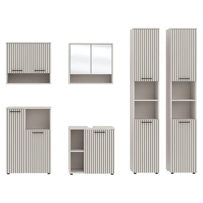 Respekta Badmöbel-Set Lina - Gesamtbreite Badmöbel: 235 cm, Kaschmir, Matt, Ohne Beleuchtung - Set moderner, hellbeiger Badezimmerschränke mit dunklen Vertikalstreifen und Griffen, darunter Wand-, Stand- und Spiegelschränke für Stauraum.