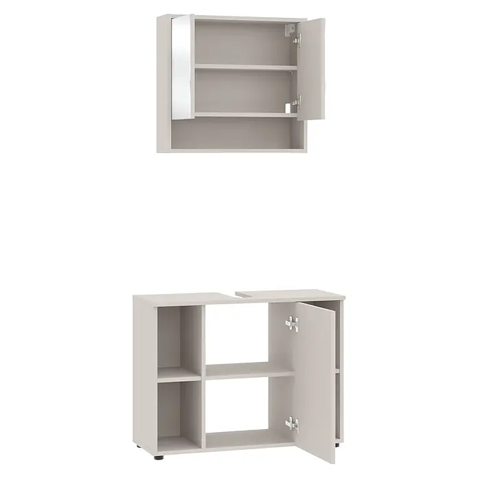 Respekta Badmöbel-Set Lina - Gesamtbreite Badmöbel: 80 cm, Kaschmir, Matt, Ohne Beleuchtung - Zwei hellbeige Lagerschränke: ein Wandschrank mit Spiegel und offener Tür, und ein freistehender Schrank mit Regalen und offener Tür.