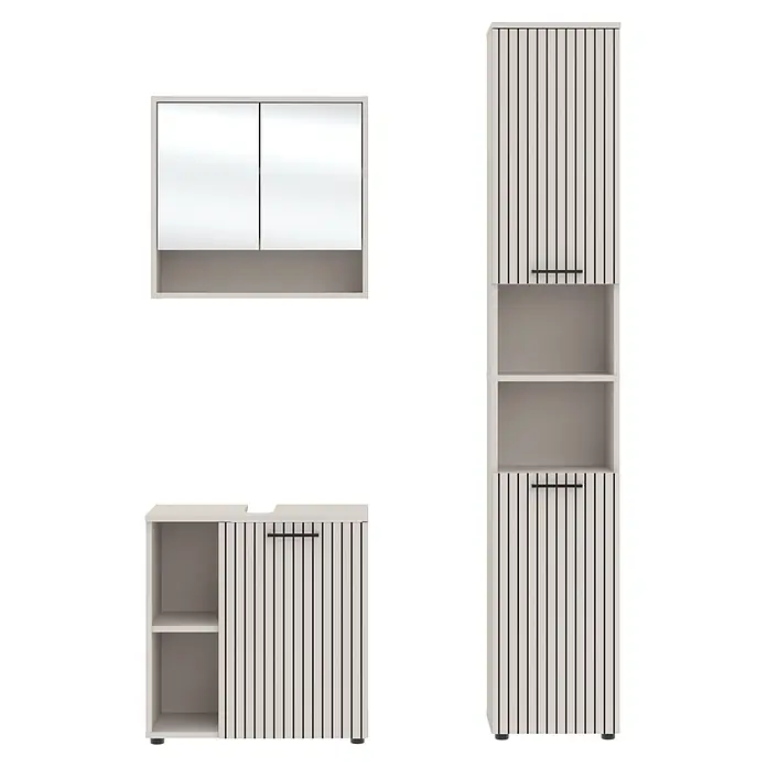 Respekta Badmöbel-Set Lina - Gesamtbreite Badmöbel: 110 cm, Kaschmir, Matt, Ohne Beleuchtung - Hellbeige Badmöbel mit vertikalen schwarzen Streifen und schwarzen Griffen zur Aufbewahrung.