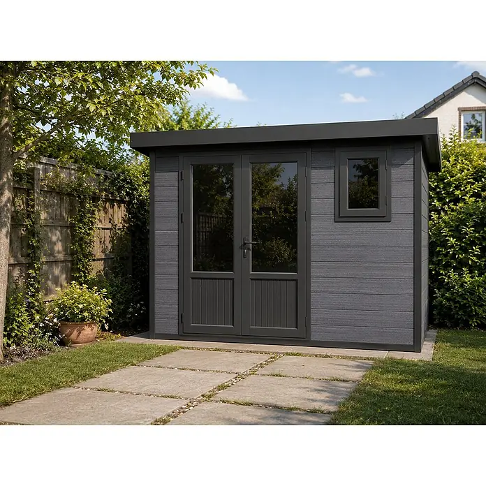 Linholm Gartenhaus Lignum 3737 - Außenmaß inkl. Dachüberstand (B x T): 408 x 406 cm, Grau/Anthrazit