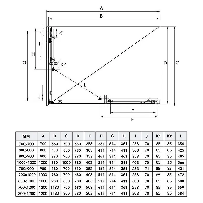 Kiamami Valentina Eckdusche - 900 x 900 x 1.900 cm, Stärke: 6 mm