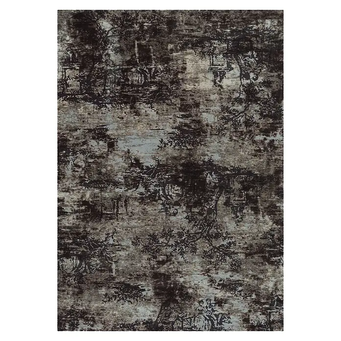 Kayoom Kurzflorteppich Vintage 5206 - Taupe, 240 x 170 cm, 100 % Modacryl - Distressed Teppich mit dunklem Toile-Muster aus Bäumen und Figuren auf gedämpftem Blau-Grau und Beige.