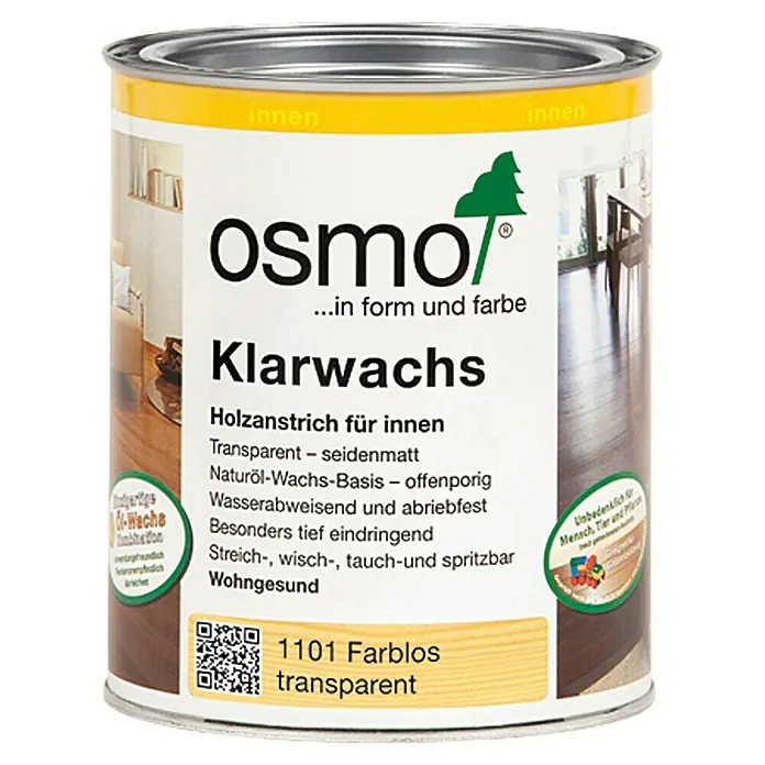 Osmo Klarwachs - 750 ml, Farblos - Dose Osmo Klarwachs für den Innenbereich. Transparent, seidenmatt, auf Naturöl-Wachs-Basis, wasserabweisend und abriebfest.