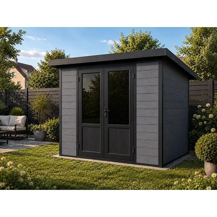 Linholm Gartenhaus Lignum 2420 - Außenmaß inkl. Dachüberstand (B x T): 280 x 235 cm, Grau/Anthrazit