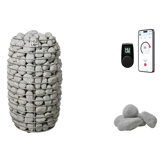 FinnTherm Fasssauna Comfort Set ScandiCube Space - Elektroofen, Holz - Zylindrischer Saunaofen mit grauen Steinen, digitaler Steuerung, Smartphone-App und einem Haufen grauer Saunasteine.
