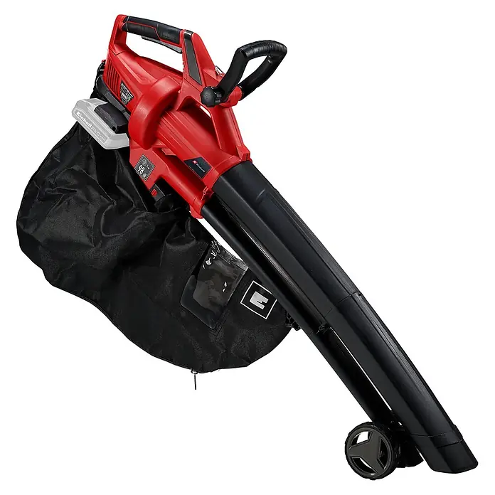 Einhell PXC 18V Akku-Laubsauger & -Laubbläser GE-CL 36LI E - Blasleistung: 720 m³/h, Drehzahlregulierung - Rot-schwarzer Akku-Laubbläser/-sauger mit Auffangsack und Vorderrädern.