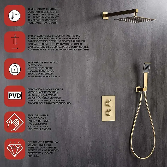 Poalgi UP-Brausethermostat ETERNITY - Quadratisch, Gebürstetes Gold, Seidenmatt