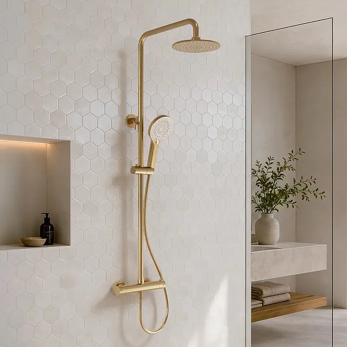 LOMAZOO Thermostat-Duschsystem Aurelia mit Regendusche Gold -  - Ein modernes goldenes Duschsystem mit Kopfbrause, Handbrause und Thermostatmischer, installiert in einem Bad mit sechseckigen Fliesen.