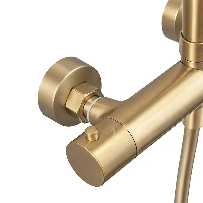 LOMAZOO Thermostat-Duschsystem Aurelia mit Regendusche Gold -  - Gebürsteter Messing-Thermostat-Duschmischer mit Sicherheitsknopf für die Temperaturregelung.