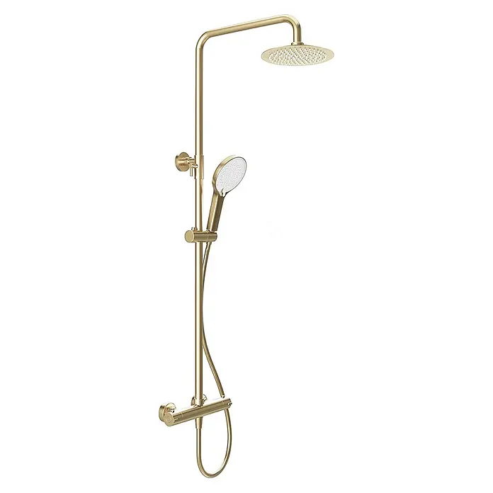 LOMAZOO Thermostat-Duschsystem Aurelia mit Regendusche Gold -  - Gebürstetes goldenes Duschsystem mit großer runder Kopfbrause, Handbrause und Thermostatmischer.