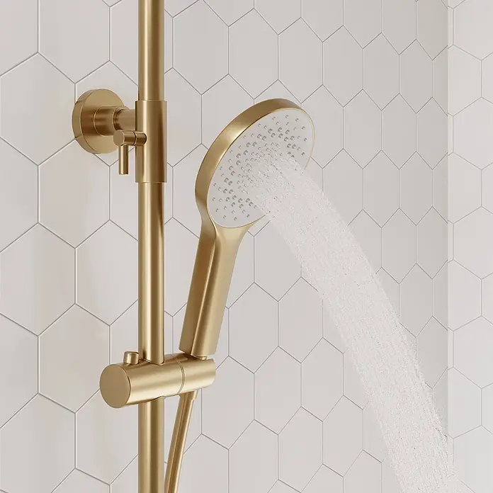 LOMAZOO Thermostat-Duschsystem Aurelia mit Regendusche Gold -  - Mattgoldene Duschkopf- und Stangensystem mit sprühendem Wasser.