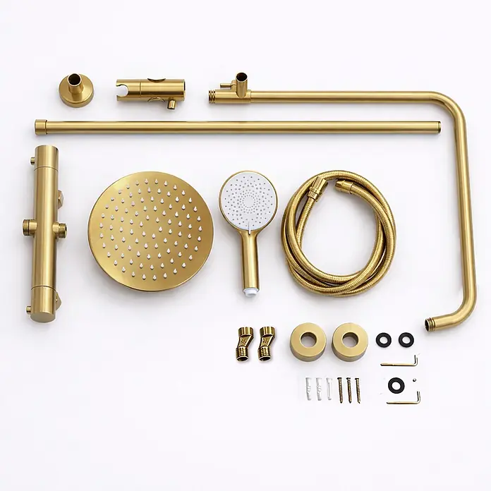 LOMAZOO Thermostat-Duschsystem Aurelia mit Regendusche Gold -  - Komplettes zerlegtes Duschsystem in gebürstetem Gold, inklusive Kopfbrause, Handbrause, Schlauch, Mischer und Montageteilen.