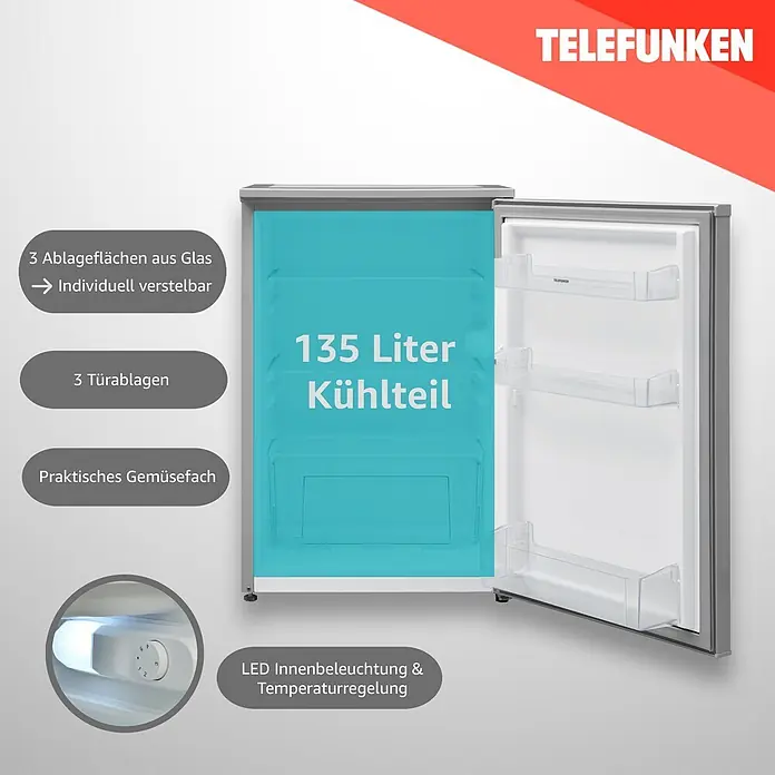 Telefunken Vollraumkühlschrank C-135-100-S - Nutzinhalt Gesamt: 135 l, 59,5 cm x 540 mm x 838 mm, Silber