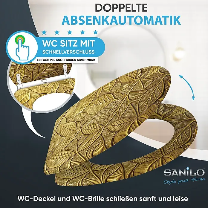 SANILO WC-Sitz Bractea mit Schnellverschluss - MDF, Goldfarben, Mit Absenkautomatik