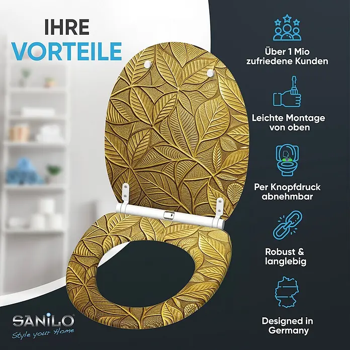 SANILO WC-Sitz Bractea mit Schnellverschluss - MDF, Goldfarben, Mit Absenkautomatik