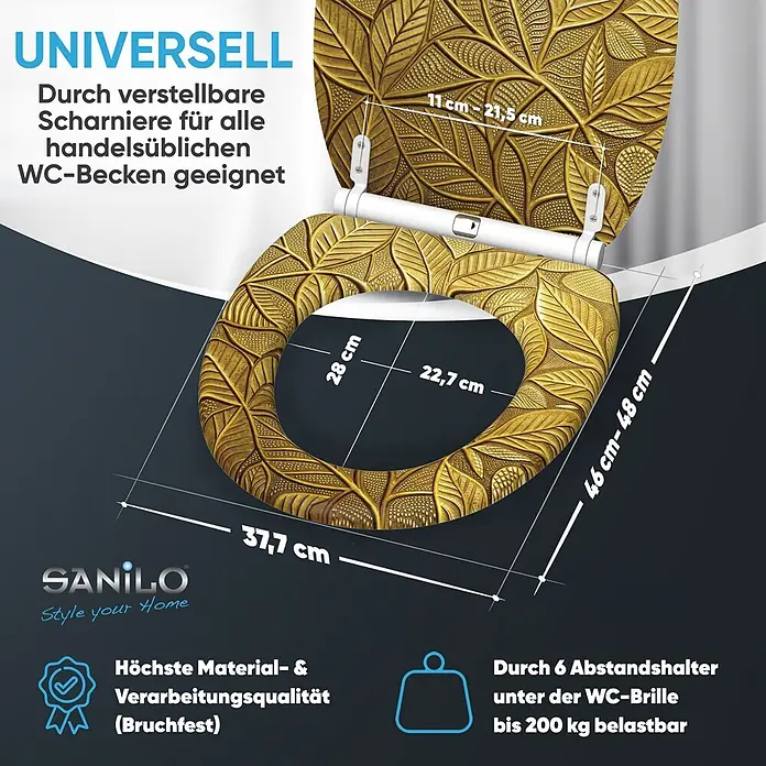 SANILO WC-Sitz Bractea mit Schnellverschluss - MDF, Goldfarben, Mit Absenkautomatik