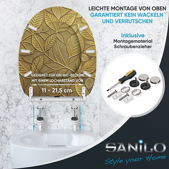 SANILO WC-Sitz Bractea mit Schnellverschluss - MDF, Goldfarben, Mit Absenkautomatik