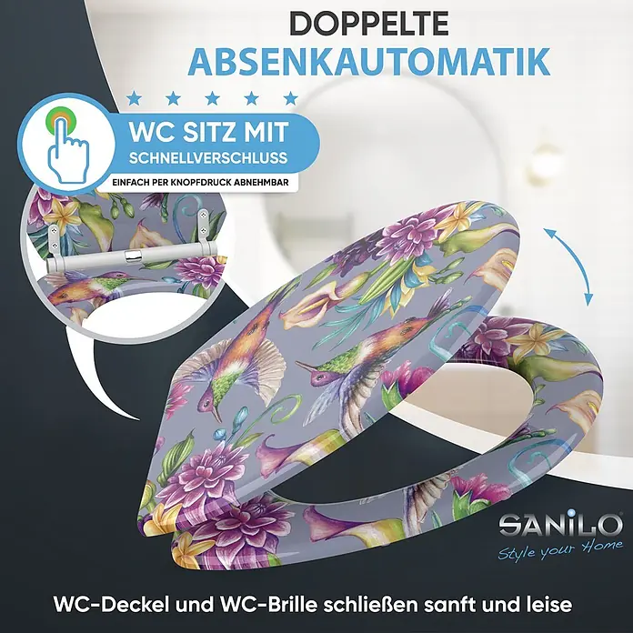 SANILO WC-Sitz Kolibri mit Schnellverschluss - MDF, Violett, Mit Absenkautomatik