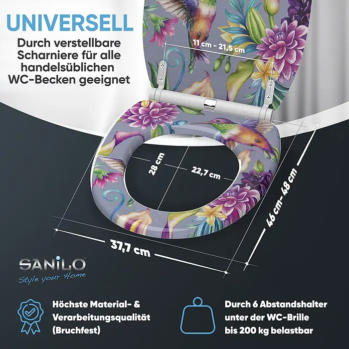 SANILO WC-Sitz Kolibri mit Schnellverschluss - MDF, Violett, Mit Absenkautomatik