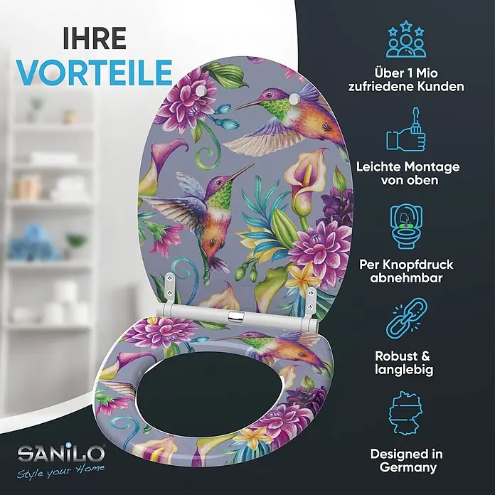 SANILO WC-Sitz Kolibri mit Schnellverschluss - MDF, Violett, Mit Absenkautomatik