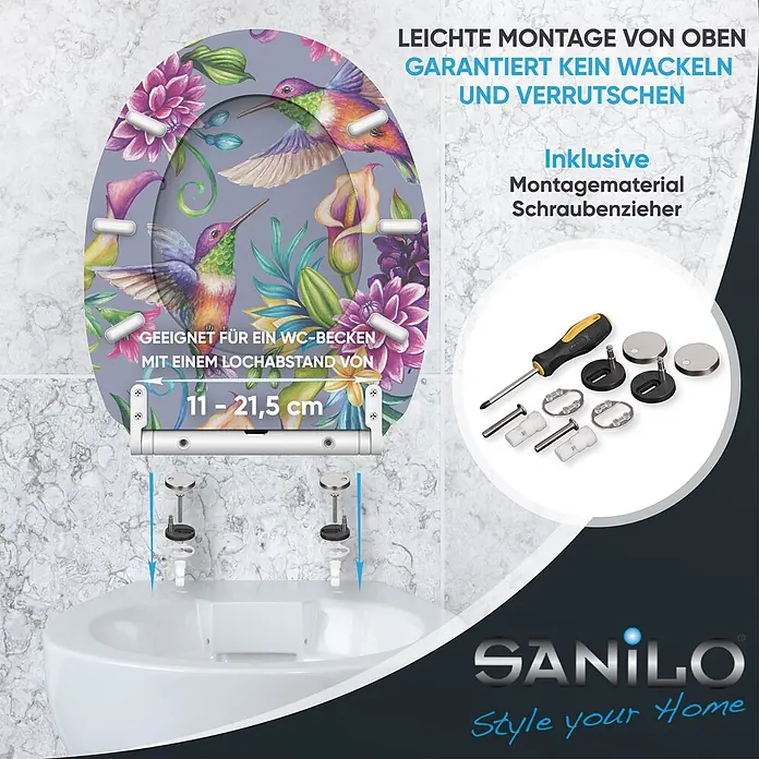 SANILO WC-Sitz Kolibri mit Schnellverschluss - MDF, Violett, Mit Absenkautomatik