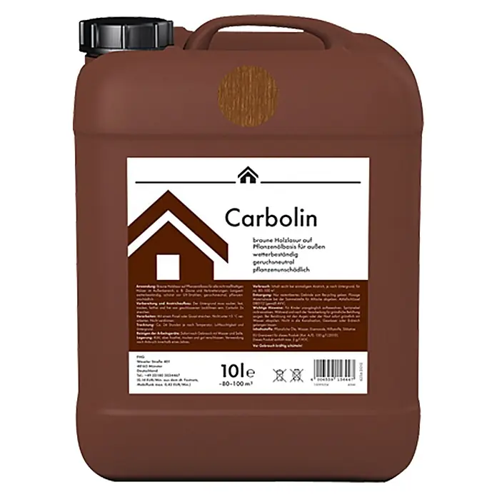 Holzlasur Carbolin - Braun, 10 l - Produktbild eines braunen 10-Liter-Kanisters Carbolin Holzlasur auf Pflanzenölbasis für den Außenbereich, ideal für langlebigen Holzschutz.