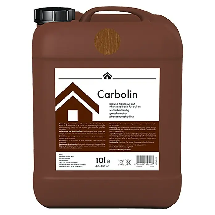 Holzlasur Carbolin - Braun, 10 l - Produktbild eines braunen 10-Liter-Kanisters Carbolin Holzlasur auf Pflanzenölbasis für den Außenbereich, ideal für langlebigen Holzschutz.