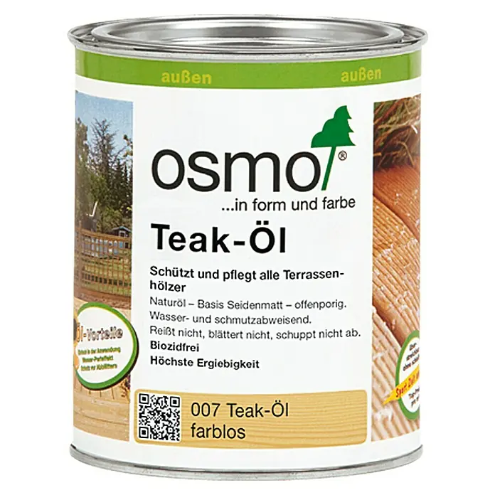 Osmo Teak-Öl Seidenmatt 007 - 750 ml - Dose Osmo Teak-Öl farblos zum Schutz und zur Pflege von Terrassenhölzern. Das Öl ist wasser- und schmutzabweisend und biozidfrei.