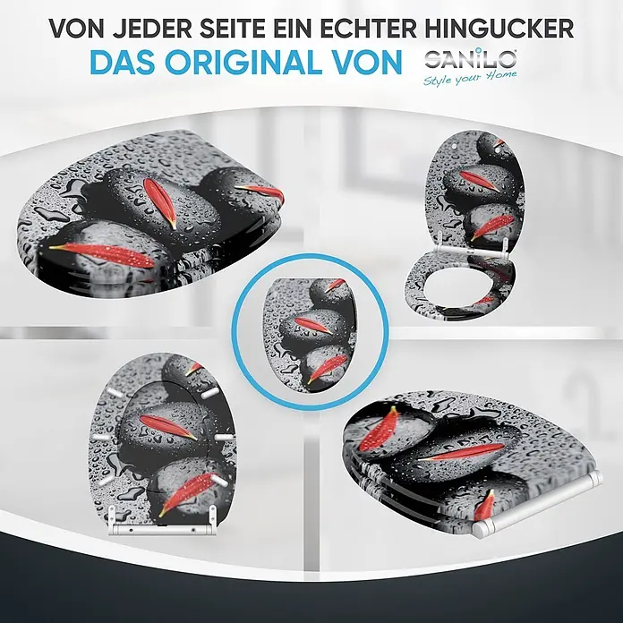 SANILO WC-Sitz Elegance mit Schnellverschluss - MDF, Schwarz|Grau|Rot, Mit Absenkautomatik