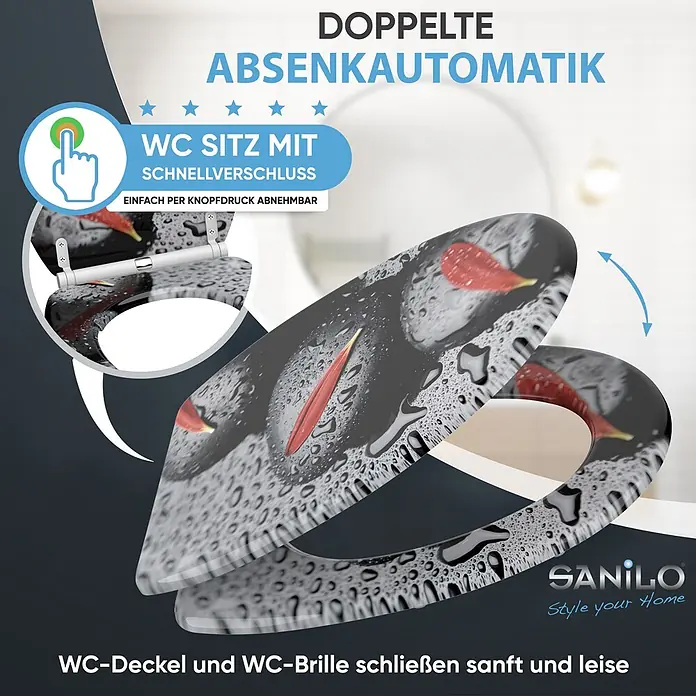 SANILO WC-Sitz Elegance mit Schnellverschluss - MDF, Schwarz|Grau|Rot, Mit Absenkautomatik