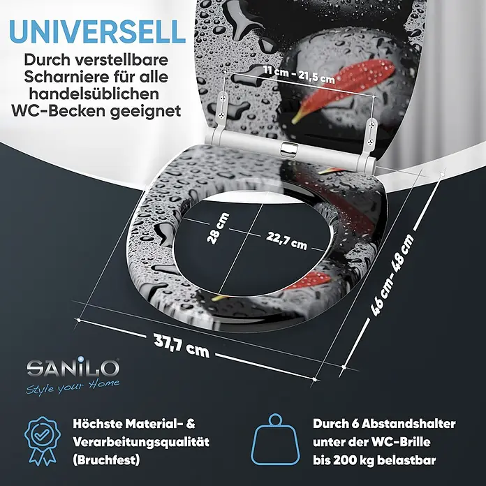 SANILO WC-Sitz Elegance mit Schnellverschluss - MDF, Schwarz|Grau|Rot, Mit Absenkautomatik