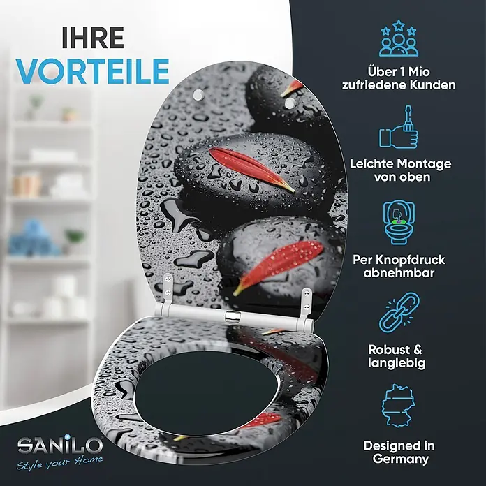 SANILO WC-Sitz Elegance mit Schnellverschluss - MDF, Schwarz|Grau|Rot, Mit Absenkautomatik