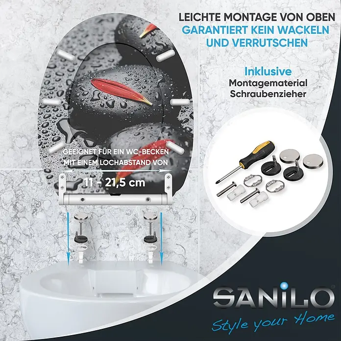 SANILO WC-Sitz Elegance mit Schnellverschluss - MDF, Schwarz|Grau|Rot, Mit Absenkautomatik