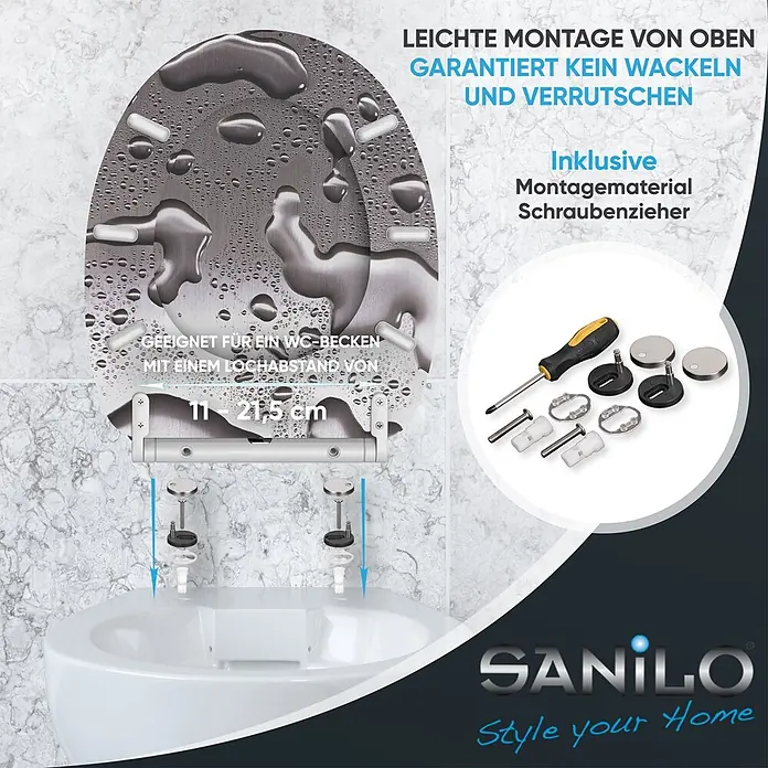 SANILO WC-Sitz Dewdrop mit Schnellverschluss - MDF, Grau, Mit Absenkautomatik