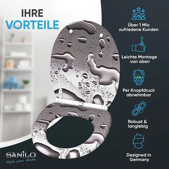 SANILO WC-Sitz Dewdrop mit Schnellverschluss - MDF, Grau, Mit Absenkautomatik