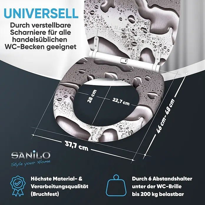SANILO WC-Sitz Dewdrop mit Schnellverschluss - MDF, Grau, Mit Absenkautomatik