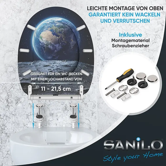 SANILO WC-Sitz Earth mit Schnellverschluss - MDF, Schwarz, Mit Absenkautomatik - Toilettensitz mit Erde/Weltraum-Motiv, gezeigt mit Top-Fix-Montagesystem für 11-21,5cm Lochabstand. Inklusive Montagematerial und Schraubenzieher.