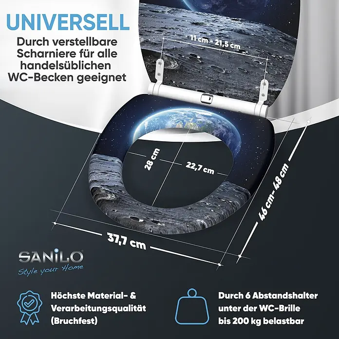 SANILO WC-Sitz Earth mit Schnellverschluss - MDF, Schwarz, Mit Absenkautomatik - WC-Sitz mit Weltall-Design, universell passend durch verstellbare Scharniere, bruchfest und bis 200 kg belastbar.