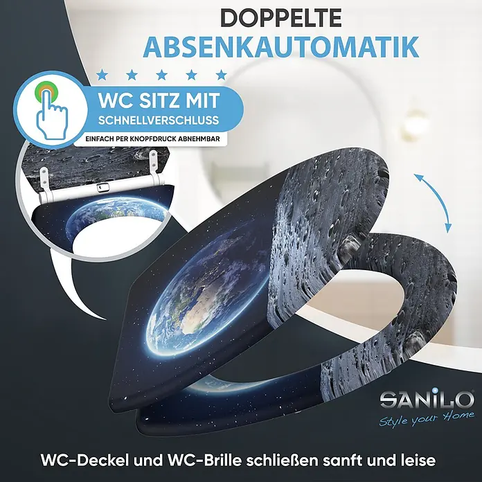 SANILO WC-Sitz Earth mit Schnellverschluss - MDF, Schwarz, Mit Absenkautomatik - WC-Sitz mit Weltraum-/Erdmotiv, doppelter Absenkautomatik und Schnellverschluss per Knopfdruck zur einfachen Abnahme.