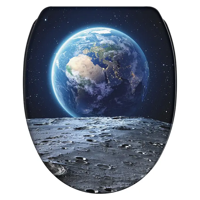 SANILO WC-Sitz Earth mit Schnellverschluss - MDF, Schwarz, Mit Absenkautomatik - Toilettensitz mit einem Design der Erde, gesehen von der kraterübersäten Mondoberfläche.