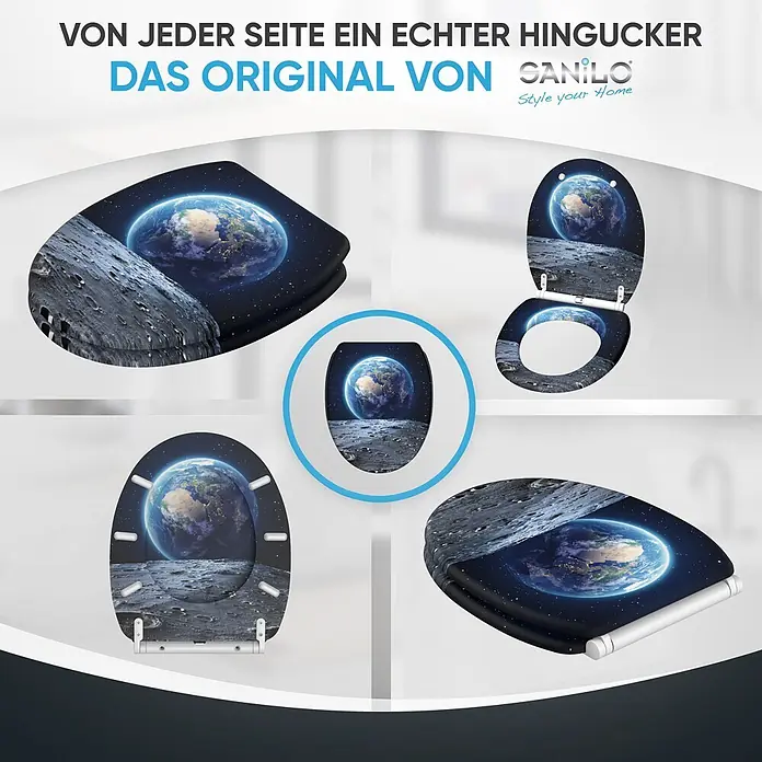 SANILO WC-Sitz Earth mit Schnellverschluss - MDF, Schwarz, Mit Absenkautomatik - Toilettensitz mit lebendigem Weltraumdesign, das Erde und Mond zeigt, aus verschiedenen Blickwinkeln geöffnet und geschlossen.