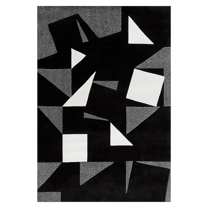 Kayoom Kurzflorteppich Spirit Frisee 3108 - Schwarz/Weiß/Grau, 200 x 140 cm, 100 % Modacryl - Abstrakte geometrische Textilie mit schwarzen, weißen und gesprenkelten grauen Formen.