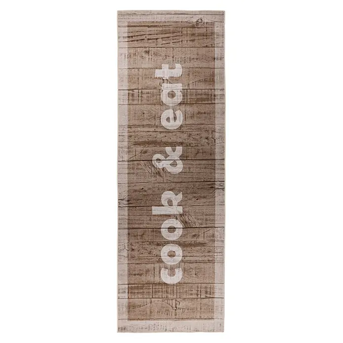 Kayoom Teppichläufer Pyron 625 - Beige, 180 x 60 cm, 100 % Polyester - Rechteckige Matte mit heller Holzmaserung und weißem "cook & eat"-Text.