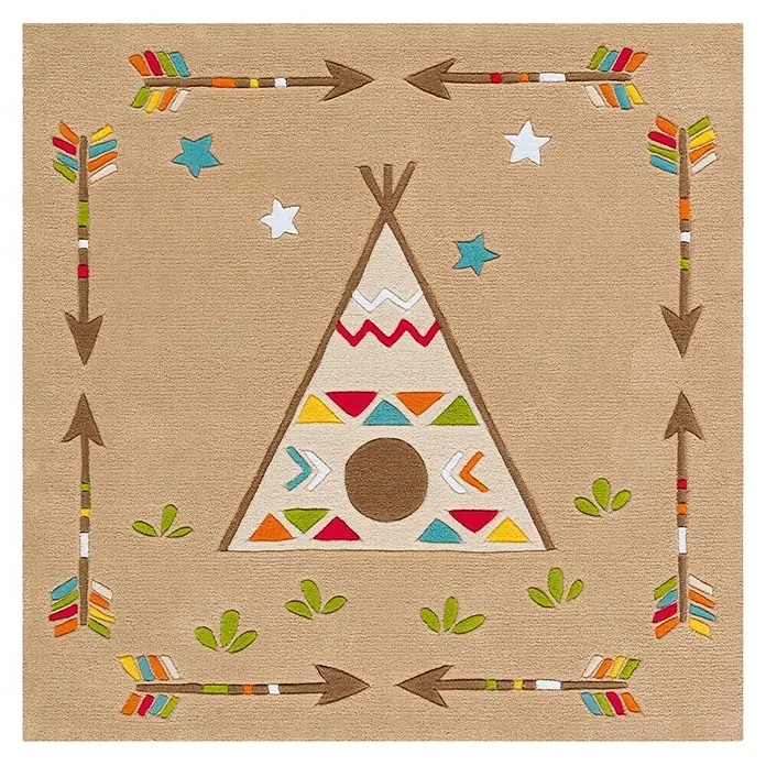 Kayoom Kinderteppich Spirit Glowy 3142 - Multi, 130 x 130 cm, 100 % Modacryl - Beiger, rechteckiger Teppich mit farbigem Tipi-, Pfeil- und Sternmuster, ideal fürs Kinderzimmer.